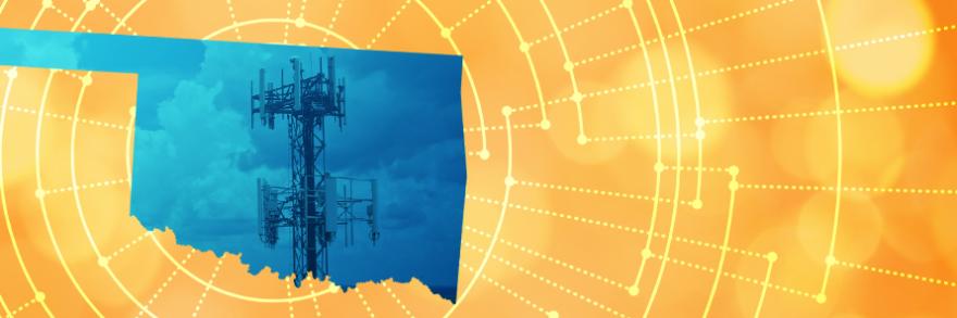 The silhouette of the State of Oklahoma revealing a cell tower inside