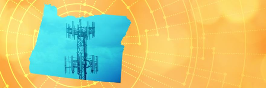 The silhouette of the State of Oregon revealing a cell tower inside; radiating connectivity illustration