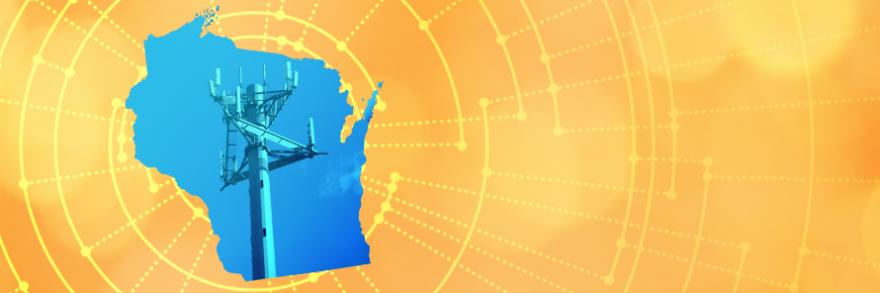 The silhouette of the State of Wisconsin revealing a cell tower inside; radiating connectivity illustration