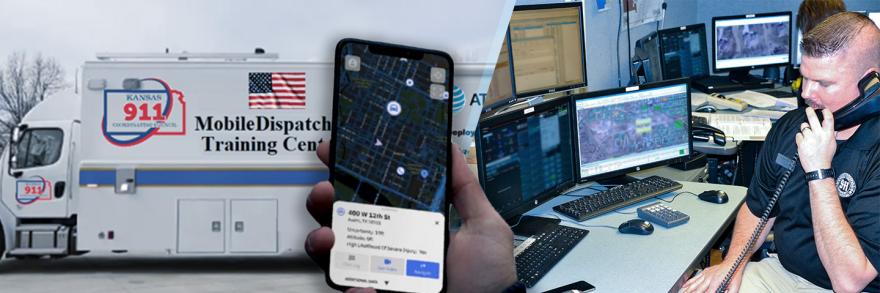 A mobile dispatch vehicle “Kansas 911” “Mobile Dispatch Training”; a hand holding a mobile phone showing a location app; a telecommunicator on the phone at a workstation
