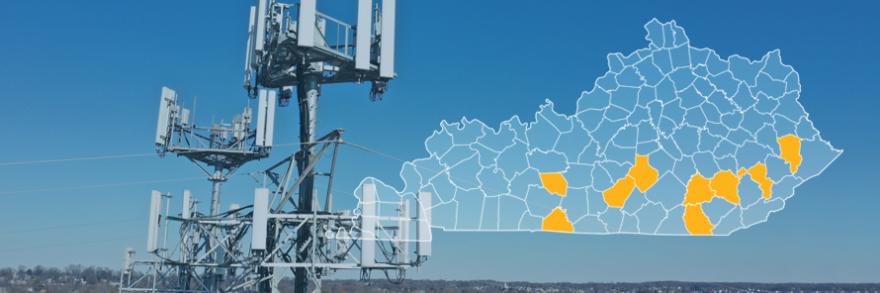 The State of Kentucky, with outlined county borders; a cell tower