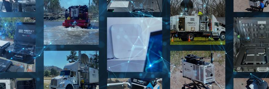 Compilation of different FirstNet deployables, including: miniCRD, a CRD on the back of a boat in the water, a SatCOLT, a Cell Booster Pro, a Flying Cell on Wings (COW), another SatCOLT, a CRD on the ground, a CRD on the back of a pickup truck, a mobile broadband kit