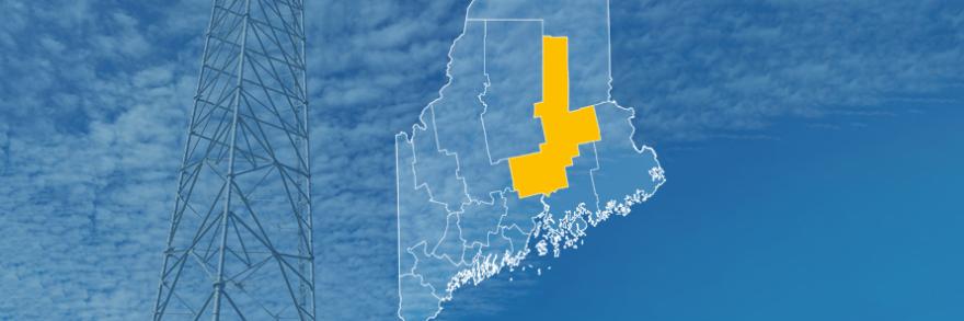 The state of Maine, with outlined county borders; a cell tower.