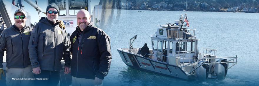 On the left, Assistant Harbormaster Jarret Russo, Deputy Harbormaster Craig Smith, and Harbormaster Mark Souza stand at the bow of the Stacey H. Clark while on the right, the same boat sails off the coast of Massachusetts on its maiden voyage. 