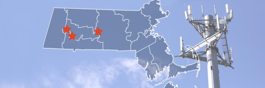 The State of Massachusetts, with outlined county boarders; a cell tower.