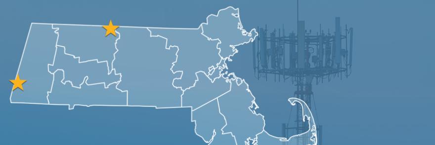 State of Massachusetts with counties outlined; a star locating Warwick and South Egremont, a cell tower