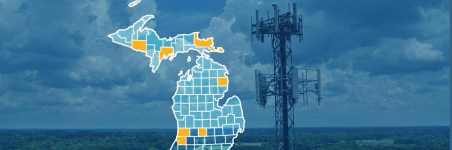 The state of Michigan, with outlined county borders; a cell tower