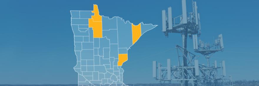 The state of Minnesota, with outlined county borders; a cell tower.