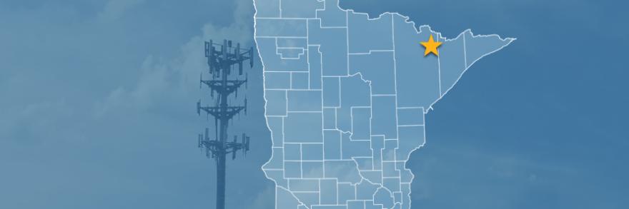 The state of Minnesota, with outlined county borders and a star locating Echo Trail, Minnesota; a cell tower.