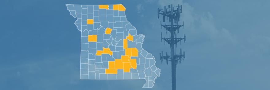 The state of Missouri, with outlined county borders; a cell tower.
