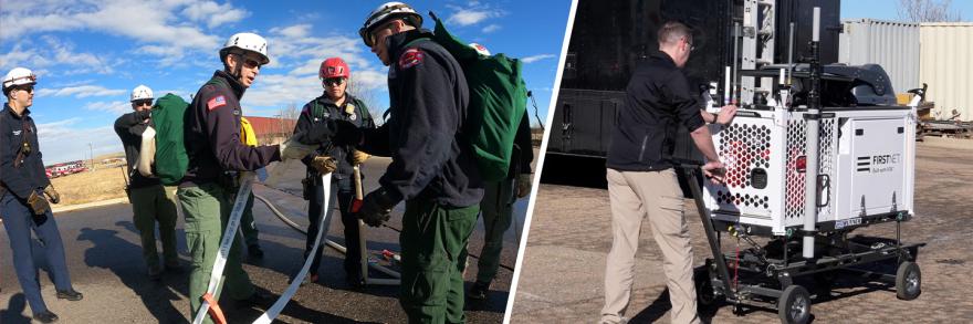 Boulder responders talk while holding a fire hose in a parking lot; City of Boulder staff member wheels out a FirstNet Compact Rapid Deployable