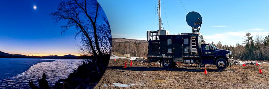 Solar eclipse totality over a lake near Jackman, Maine. A SatCOLT on a mountaintop surrounded by patches of snow in Maine. 