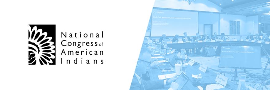 National Congress of American Indians logo; PSAC representatives and FirstNet Authority staff sit around a table discussing agenda 