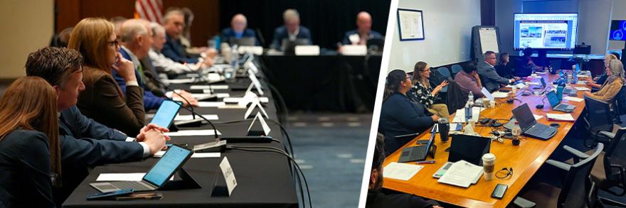 Public Safety Advisory Committee members sitting in a meeting; Tribal Working Group members sitting around a table.