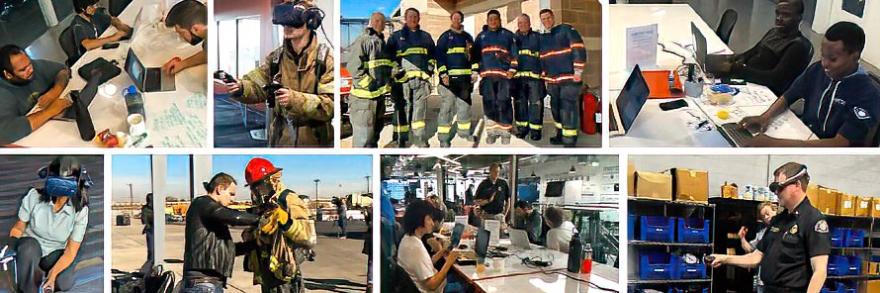 Three students seated at table work on laptops; man in firefighter uniform wears virtual reality headset and holds virtual reality hand controllers; group of six individuals poses for photo in firefighter uniforms during prize challenge real-world simulation; two students sit at tables working on computers; woman in virtual reality headset with virtual reality controllers in hand; man helps another person in firefighter uniform set up equipment on torso; FirstNet Authority advisor speaks to group of student