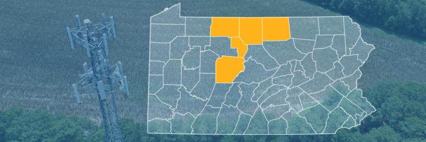 The state of Pennsylvania, with outlined county borders; a cell tower.