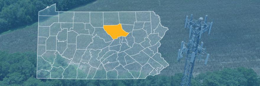 The state of Pennsylvania, with outlined county borders; a cell tower