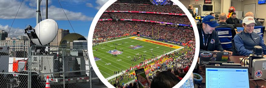 A FirstNet deployable outdoors and enclosed by a wire fence; an aerial view of the Kansas City Chiefs endzone and part of the football field at Super Bowl LVIII; Clark County first responders gathered in the operations center of Super Bowl LVIII