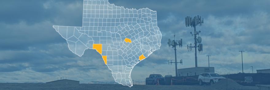 The state of Texas, with outlined county borders; a cell tower.