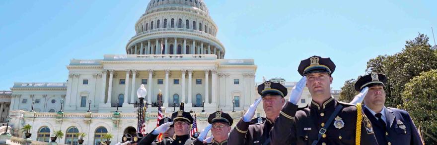 Nine police officers salute with the capitol building behind them during National Police Week 2017 in Washington DC. 