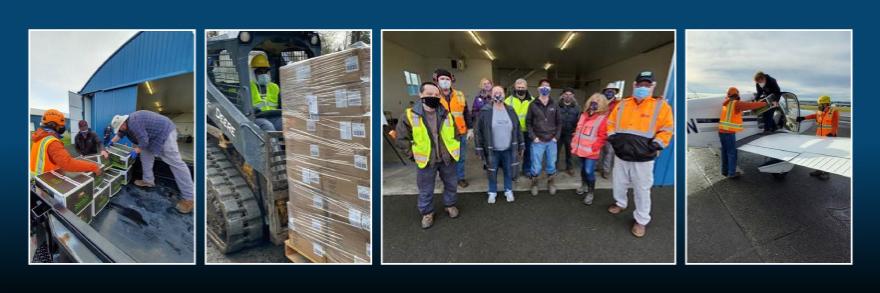 Tribal responders loading boxes onto the back of a vehicle; Forklift operator moving pallets of boxes; Tribal first responders standing outside a warehouse; Tribal first responders loading a small plane