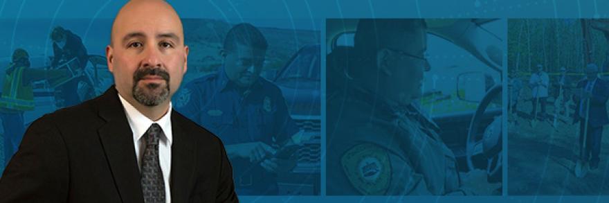 Headshot of the FirstNet Authority’s Tribal Government Liaison Jasper Bruner; two volunteers loading supplies onto an airplane; a responder using a FirstNet-enabled device to communicate in a rural area; a public safety officer in an emergency response vehicle; the FirstNet Authority’s board member Paul Patrick speaking at a cell site ground-breaking ceremony on tribal lands.