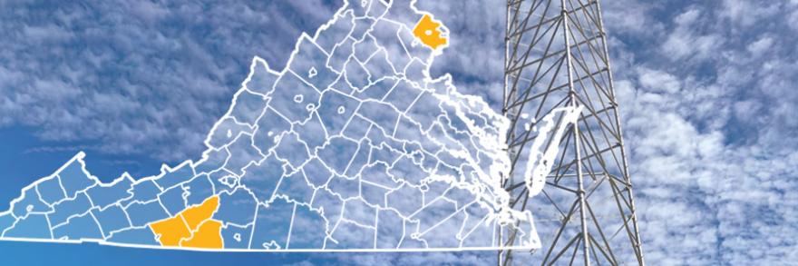 Map of State of Virginia, with outlined county borders; a cell tower