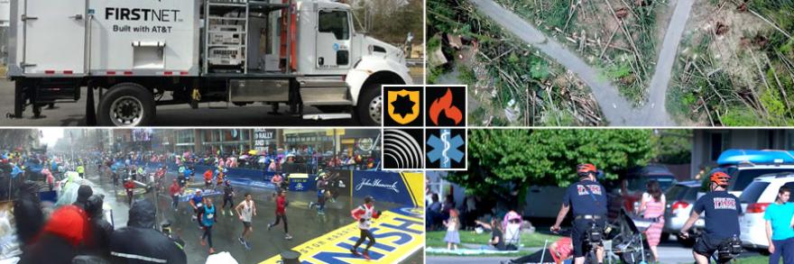 The FirstNet Authority logo with four images: a Satellite Cell on Light Truck, tree damage after a storm, runners crossing the finish line at the Boston Marathon, and two police officers on duty riding bicycles