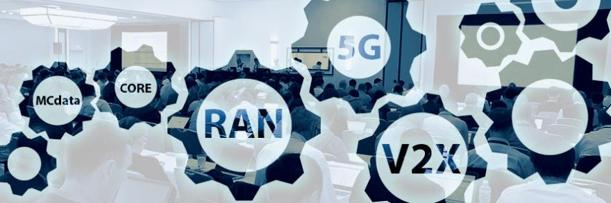 Photo of a 3GPP meeting room with people sitting at tables and working on computers, overlaid with gear icons and wireless network terminology: RAN, 5G, V2X, Core, MCdata."