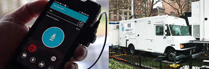 Two images: A hand holding an AT&T device displaying and app and an AT&T COW in Boston