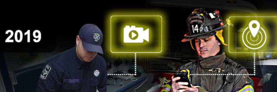 An EMS tech, firefighter and police officer use various devices, accompanied by the words "FirstNet at CES 2019"