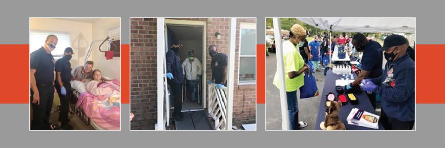 First responders with a patient in a hospital room; First responders outside the front door with a patient; First responders at an information table under a tent interacting with the public