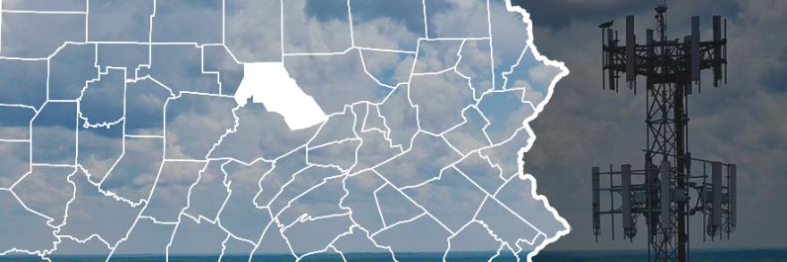Map of Pennsylvania counties with Clinton County highlighted over image of broadband tower and clouds.