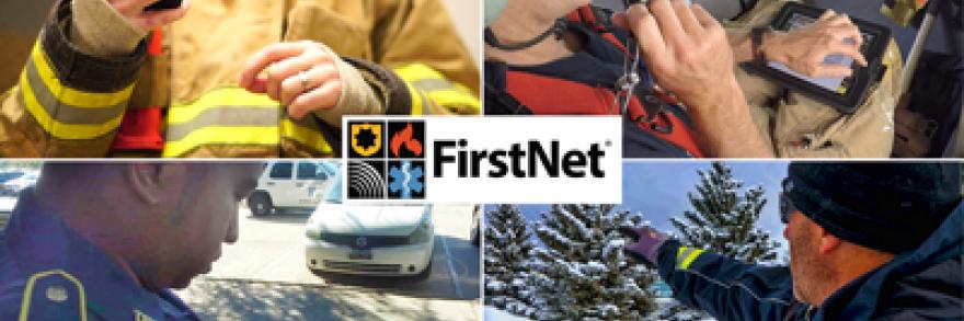 Four images: A firefighter in safety gear looks down at a smartphone, a firefighter riding in a helicopter speaks into a headset and looks at a tablet displaying information, a police officer looks down at a smart phone, an officer in the snow points with his right hand while holding a smart phone in his left 