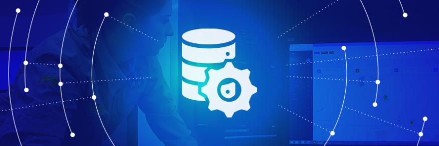 Secure Information Exchange Roadmap Domain icon- gear in front of a server- in the middle of a graphic representation of a network radiating outward, a female responder consults a computer screen