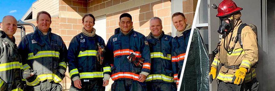 Judges for the Haptic Interfaces for Public Safety Challenge wearing firefighter personal protective equipment pose together; judge wearing firefighter gear tests haptic prototype