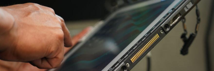 Firefighter using tablet