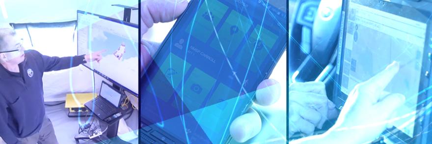 An emergency manager points towards a screen displaying a map, an officer holds a smartphone displaying an app, an EMS technician interacts with a display screen