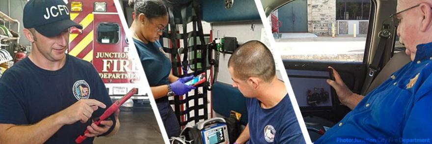 Image 1: In an ambulance, one first responder looks at a tablet and another first responder looks at a monitor connected to a patient.  Image 2: First responder looks at a tablet standing in front of a Junction City Fire Department vehicle.  Image 3: A first responder sitting in the driver’s seat of a vehicle looks at the screen of a tablet. 