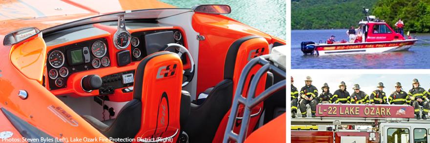 Interior of speedboat, Lake Ozark Fire Protection District boats on the lake, Lake Ozark firefighters sit on top of their ladder truck