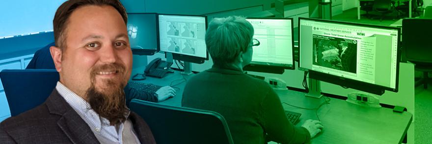 Bruce Fitzgerald headshot; two emergency managers monitoring a storm on their computers