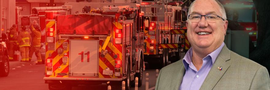 Firetrucks and firefighters respond to a scene; headshot of Gary McCarraher