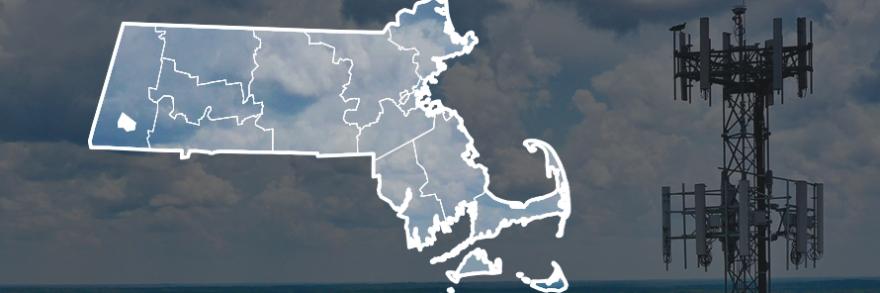 Map of Massachusetts counties with Monterey highlighted over image of broadband tower and clouds.