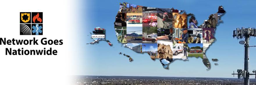 The shape of the United States containing many images of public safety at work next to a cell tower.