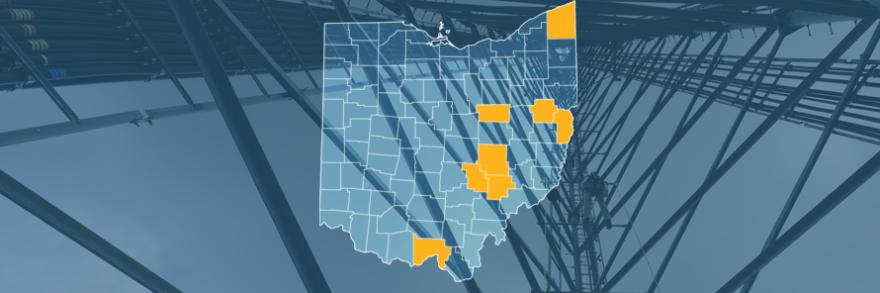 The state of Ohio, with outlined county borders; a cell tower.