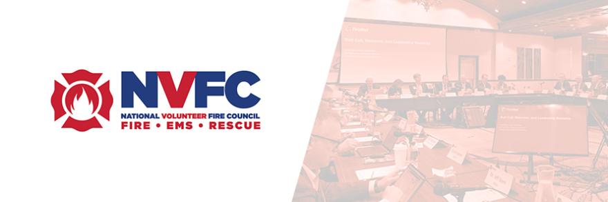 The National Volunteer Fire Council (NVFC) Logo is placed alongside an image of the NVFC making a presentation at a FirstNet Board Meeting.