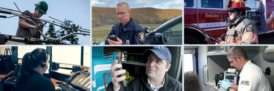 Public works official works on down electric wires near tree; police officer stands next to law enforcement vehicle and looks at mobile phone with large forested hill in background; firefighter in uniform holds tablet in front of fire engine; telecommunicator wearing headset sits at desk with multiple computer screens; public safety official holds up smartphone; emergency management services official looks at mobile device in back of ambulance with patient and equipment