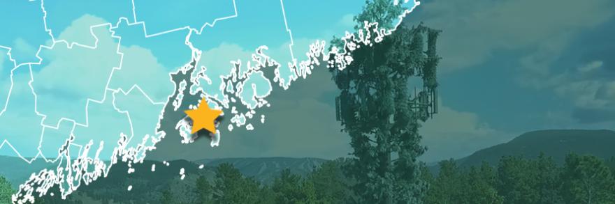 County map of Maine, star over Stonington, cell tower against mountains