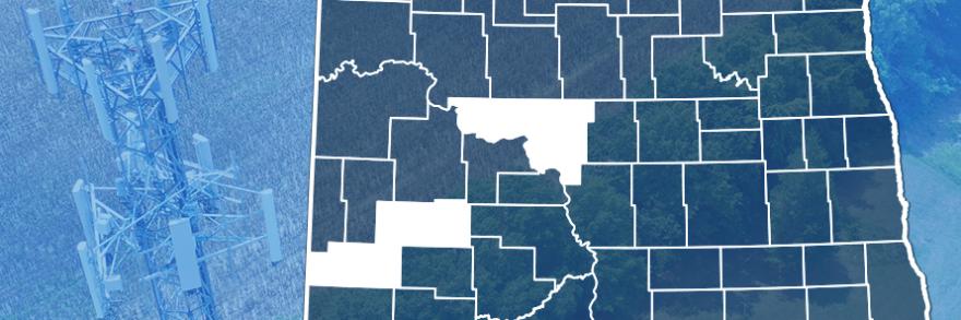 County map of North Dakota with Slope, McClean and Stark counties highlighted, FirstNet tower near a field