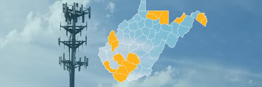 The state of West Virginia, with outlined county borders; a cell tower.